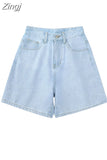 Women High Waist Wide Leg Denim Shorts Casual Female Solid Streetwear Knee-length Stright Jeans Bermuda Shorts 2023 New