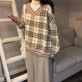 Hoodie Plaid Print Sweatshirt Pullovers V-Neck Long Sleeve Top Women Loose Korean Fashion Clothing Harajuku