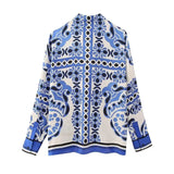 Blue Print Satin Shirt Woman Long Sleeve Top Female Vintage Button Up Shirt Women Casual Loose Summer Blouses Woman