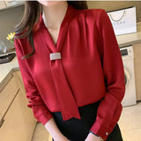 Women Shirts Chiffon Blouses for Women Long Sleeve Shirts Tops Woman Ribbon Blouse Tops Fashion Woman Bow Tie Shirt