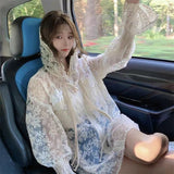 Sunscreen Jacket Women Perspective Hollow Out Mesh Trench Outwear Zipper Coat Floral Embroidery Hoodies Loose