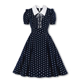 Green Vintage Retro 50s 60s Women Dress Polka Dots Printed Short Sleeve Turn Down Collar Rockabilly A Line Party