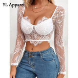 Sexy Transparent Lace Patchwork T-shirt 2022 Summer Women's Long Sleeve Crop Top Slim Backless Short T Shirts