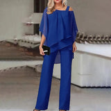 Women Straight Long Pants Outfits Casual Off Shoulder Ruffled Irregular Party Suit Spring Office Commuting Two Piece Set