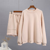 Soft Cotton Sets Women 2022 New Casual Two Pieces Long Sleeve Sweatshirt &amp; High Waist Shorts Solid Outfits