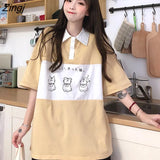Womens Summer Button Turn-down Collar Patchwork Cartoon Printed Japanese Kawaii Preppy Style Students Cute Button