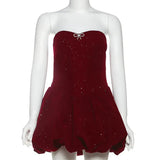 Sequin Strapless Puff Skirt Mini Dress- Outfit