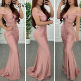Women Solid Elegant Small V neck Ruched Maxi Sexy Formal Party Bodycon Mermaid
