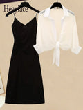 Women Summer Dresses Two Piece Sets Korean Casual Black Straps Dresses And Chiffon Sunscreen Cardigan Suits