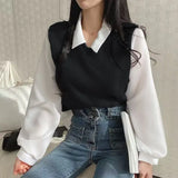 Polo Collar Patchwork Long Sleeve BlouseOutfit