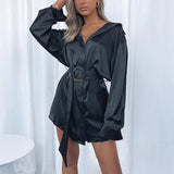 Women Satin Shirt Dress with Sashes Oversized Long Sleeve V Neck Mini Dresses Bohemian Beach Style Autumn Spring