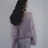 Vintage Hollow Out Thin Sweaters Women Sexy Slash Neck Knit Pullovers Korean Sweet Elegant Loose Soft Sweatshirt Tops