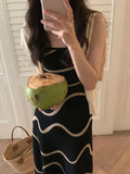 Wave Black Spaghetti Strap Knitted Dress Women Backless Slim Long Midi Slip Dress For Women 2022 Designer