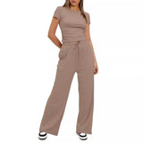 Suit Folding 2025 New Solid Short-Sleeved Top High-Rise Broad Leg Pants