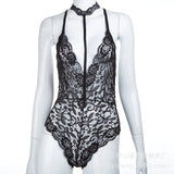 Sexy Skinny Low Chest Hanging Neck Perspective Lace Sexy Mesh Beach Big Backless Tops Bodysuits Rompers