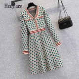 Women Autumn Winter Vintage Plaid Knitted Sweater Dresses 2023 V Neck Striped Patchwork Knitwear Mini Short