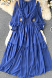 Vintage Purple/Green/Orange Women Draped Long Dress Elegant Ruffle Collar Hollow Out High Waist A-Line Vestidos