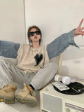 Autumn Winter New Design Women Sweaters Long Sleeve Denim Stitching Knit Pullover Japanese Sweet
