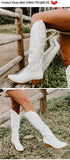 Onlymaker Women White Knee High Boots Western Cowboy Boots Wide Calf Embroidered Pointed Toe Block Heel Pull-On Cowgirl