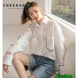 Designer Oversized Button Up Shirt Long Sleeve White Iridescent Strip Collared Loose Shirt Women Tops And Blouses