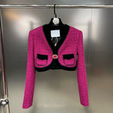 2022 Winter V Neck Rhinestone Buckle Knitted Short Jacket Velvet High Waist Shorts Two Piece Set Women Outfits