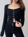 SUCHCUTE Gothic Women's T-Shirts Dark Academic Long Sleeve Single-breasted Shirt Grunge Streetwear Autumn Slim Basic Crop