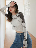 Summer Sexy Women Top Vintage Cartoon Print See Through Transparent Mesh T-Shirt Long Sleeve Harajuku Slim Lady O Neck
