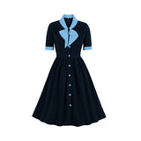 Vintage Midi Dress Women Summer 50s Bow Collar Elegant Office Casual Button Shirt Jurk Ladies Retro Rockabilly