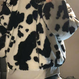 Women Thicker Furry Cow-pattern College Ins Prevalent Designer Hooded Younger Korean Style Outwears Loose All-match