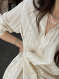 Kink Korean Fashion Striped Designer Long Dress Women Long Sleeve Button Up Collar Midi Shirt Dress Summer Clothes