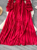 Winter Women Ruffle Pleated Long Dress Vintage Round Nec Puff Sleeve High Waist Draped Maxi Vestidos Green/Red/Purple