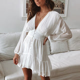 Queens Women Lace White Deep V-neck Bohemian Dress Long Sleeve botton Sexy Beach Boho Mini