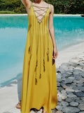 V-neck Drawstring Tassel Maxi Dress Women Loose Backless Sleeveless Sling Robes 2024 Fashion Female Vacation Beach