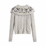 Fashion Woman Sweaters Embroidered Cropped Knitted Sweater Vintage Cute Peter Pan Collar Female Pullovers Chic