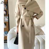 Fashion Women's Wollen Coat Scarf Collar Loose Double Breasted Full Sleeve Sashes Overcoat Female Autumn 2023 New