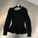 2022 Autumn Winter Long Sleeve Slash Neck Slim Waist Ruffles Knitted Pullovers Women Sweater