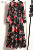 Women Elegant Floral Printed Long Dresses Spring Summer Casual O Neck Long Sleeve Ladies Chic High Waist A Line Beach