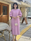 Zingj Chic Summer Sweet Age Reduction Round Collar Side Open Fork Loose Casual Long Bubble Sleeve Hoodie Dress