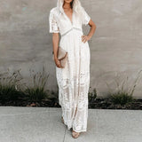 Queens Summer 2021 Women Lace Embroidery Long Sleeve V-neck White Chiffon Beach Dress Lady mesh Patchwork Boho