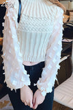 Clothes Women Sweaters Fashion Lantern Chiffon Sleeve Spliced Knit Sweater Turtlenck Autumn Pullover Casual Blusas
