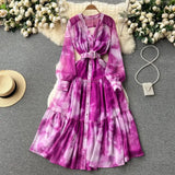 Women French Fashion Single Breasted V Neck Long Dress With Belt Summer Autumn Elegant Print A-line Robe Female Holiday