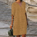Solid Pullover Dresses Spring Cotton Linen Loose Medium Length Dress Retro Button Stand Collar Half Sleeve Commuter