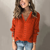 2025 New Lace V-Necked Jacket Sweater Lady Loose Long-Sleeved Solid-Colored