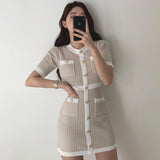 Summer Girls Fashion Sheath Short Sleeve Buttons Thin Dresses Tops Ladies Mini Patchwork Elastic Sweater