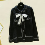 Fall Winter Knitwear Two Piece Sets For Women Outfits French Vintage Fragrance Bow Bandage Knitted Sweater+Plaid Skirt