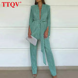 Fashion Green Pleated Two Piece Sets Womens Outifits Autumn Long Sleeve Lace-up Blazer With High Waisted Slit Pants