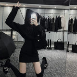 Streetwear Knitted Mini Dress Women Hooded Sweater A Line Dresses Winter Korean Solid High Waist Slim Casual Vestidos