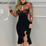 Floral Patterh Sheer Mesh Slit Dress Women Spring