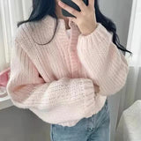 Solid Knitted Cardigan Women Sweet Cropped Sweaters Jackets Korean Short Knitwear Coat Casual All Match Jumpers