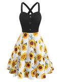Women Dress Sunflower Print Mock Button Criss Cross Dress Fashion Vacation Daily Sleeveless A-Line Party